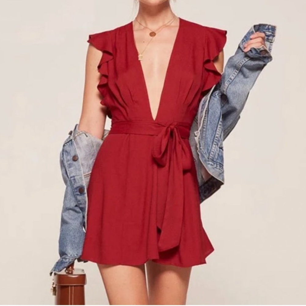 Reformation Red Tunisia Cherry Red Ruffle Sleeve Plunging A-line Mini Dress